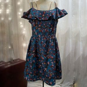 Floral and Deep Blue Off the Shoulder Dress